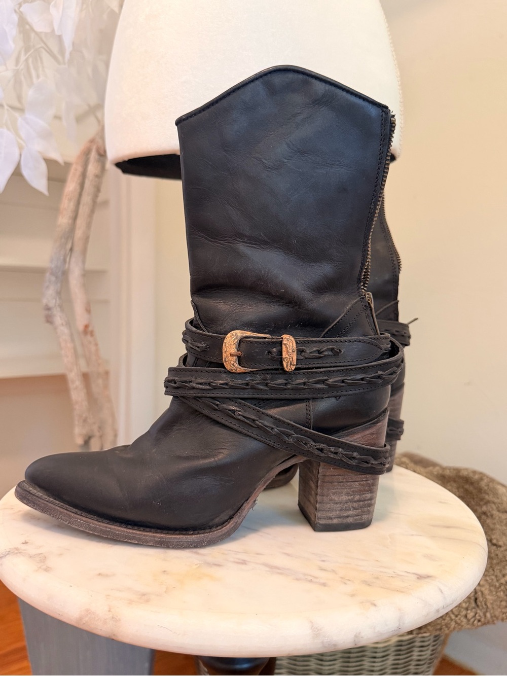 freebird Black Leather Western Ankle Boots with Braided Strap & Gold Buckle